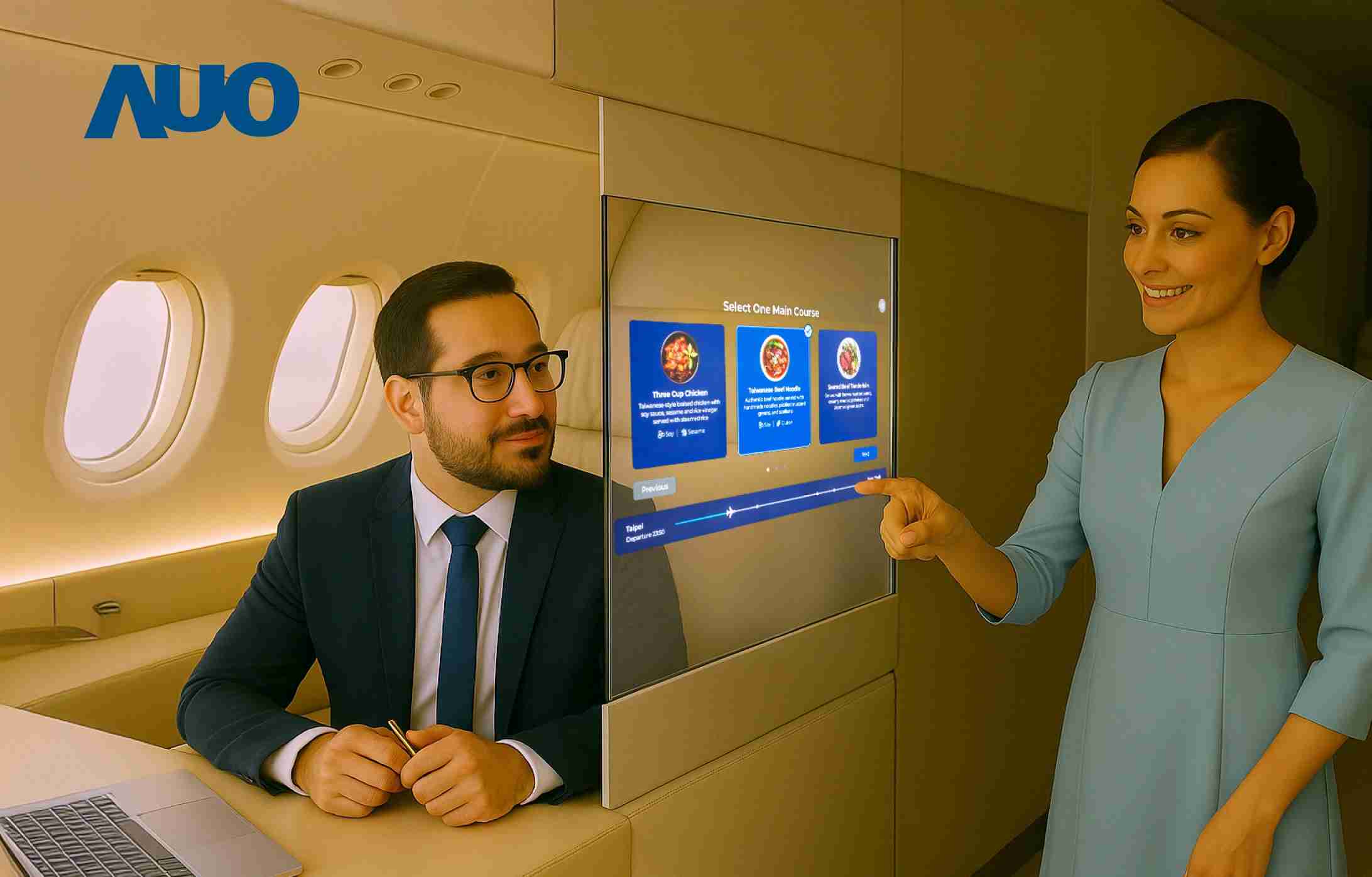 银河集团研发全球最薄17.3 吋双面透明 Micro LED 显示器，，，，可在同一屏幕之双边投射不同信息，，，创造独特的”透明化”互动；图为实时翻译交流应用情境